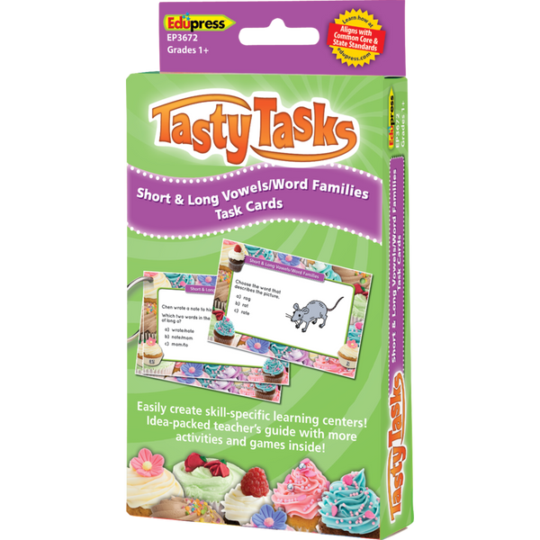 Tasty Tasks Short & Long Vowels/Word Families Task Cards Grades 1+