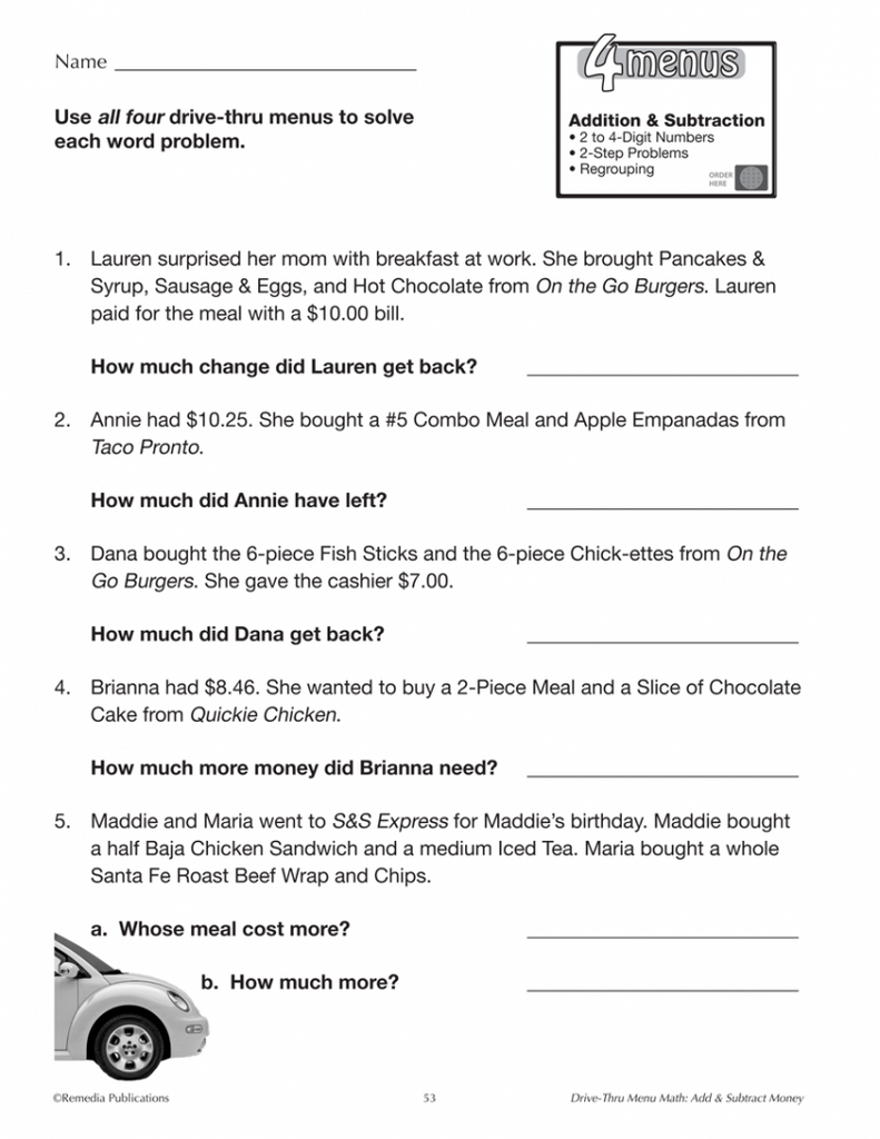 Drive-Thru Menu Math: Addition & Subtraction – Miller Pads & Paper
